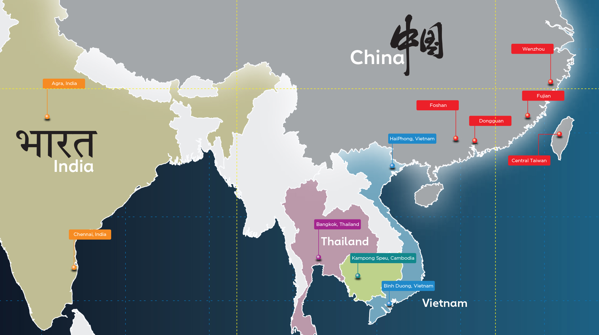 Operating map — China, Vietnam, Cambodia, Indonesia, Myanmar, USA